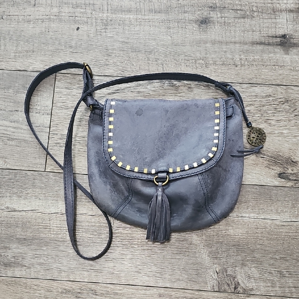 The Sak Navy blue Serrano Leather Saddle Bag crossbody purse fringe metal accent